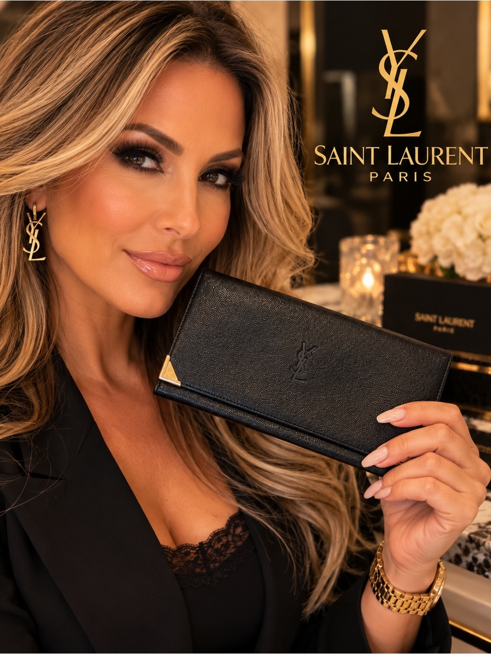 YSL Saint Laurent Black Pebbled Leather Long Wallet Gold Hardware - Vintage